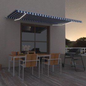Toldo retráctil manual con LED azul y blanco 500x350 cm Toldo retráctil manual con LED azul y blanco 500x350 cm