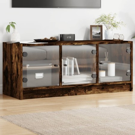 Mueble de TV con puertas de vidrio roble ahumado 102x37x42 cm