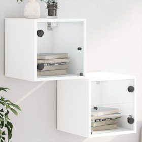 Mesitas de noche con puertas de vidrio 2 uds blanco 35x37x35 cm