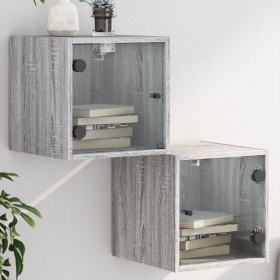 Mesitas noche con puertas vidrio 2 uds gris Sonoma 35x37x35 cm