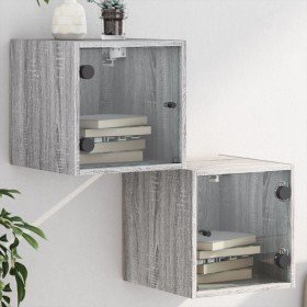 Mesitas noche con puertas vidrio 2 uds gris Sonoma 35x37x35 cm en Mesitas de noche | Comprar online en Foro24