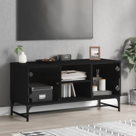 Mueble de TV con puertas de vidrio negro 102x37x50 cm en Muebles TV | Comprar online en Foro24