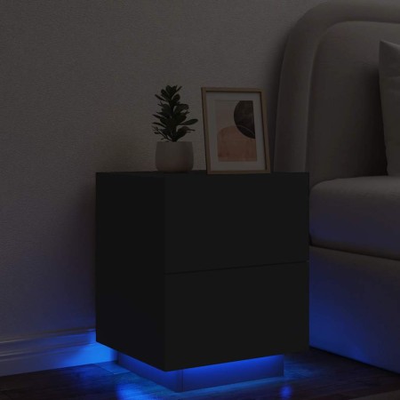 Mesita de noche con luces LED madera de ingeniería negra