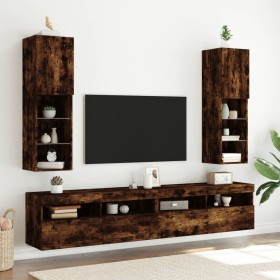 Muebles de TV con luces LED 2 uds roble ahumado 30,5x30x102 cm Muebles de TV con luces LED 2 uds roble ahumado 30,5x30x102 cm