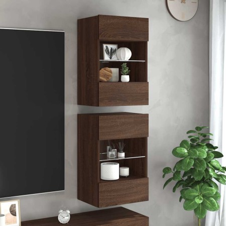 Armarios de pared con luces LED para TV 2 uds roble marrón