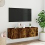 Mueble de TV de pared con luces LED roble ahumado 100x35x31 cm