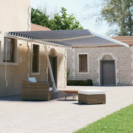 Toldo de pie automático azul y blanco 500x300 cm