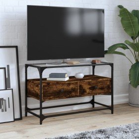 Mueble TV cristal y madera ingeniería roble ahumado 80x35x51 cm en Muebles TV | Comprar online en Foro24