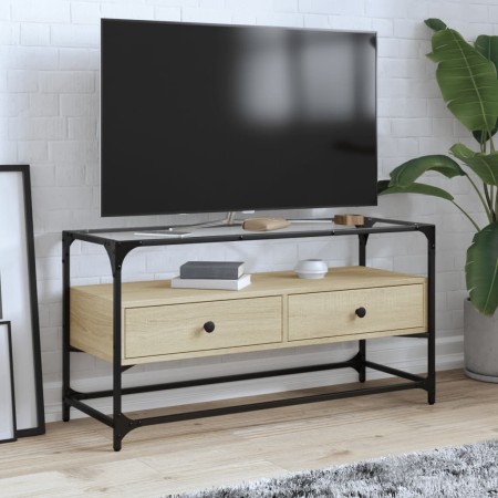 Mueble TV cristal y madera ingeniería roble Sonoma 98x35x51 cm en Muebles TV | Comprar online en Foro24