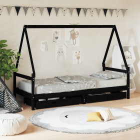Estructura de cama niños con cajones madera pino negro 80x200cm