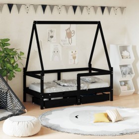 Estructura de cama niños con cajones madera pino negro 70x140cm