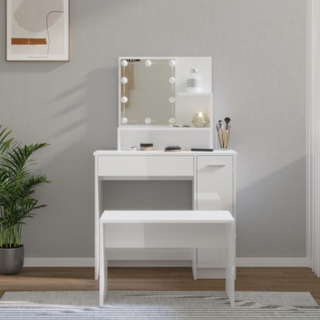 Juego de tocador con LED madera contrachapada blanco brillante by vidaXL, Bedroom Dressers - Ref: Foro24-3114119, Price: 126,...