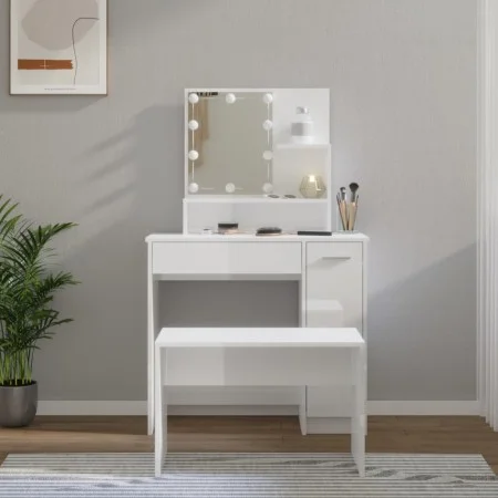 Juego de tocador con LED madera contrachapada blanco brillante by vidaXL, Bedroom Dressers - Ref: Foro24-3114119, Price: 124,...