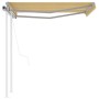 Toldo retráctil automático con postes amarillo blanco 3,5x2,5 m