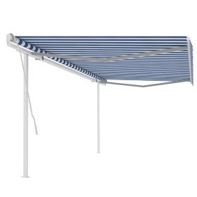 Toldo manual retráctil con postes azul y blanco 5x3 m Toldo manual retráctil con postes azul y blanco 5x3 m