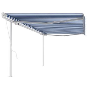 Toldo manual retráctil con postes azul y blanco 5x3 m Toldo manual retráctil con postes azul y blanco 5x3 m