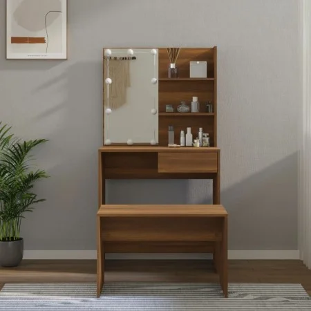 LED oak brown plywood vanity set by vidaXL, Bedroom Dressers - Ref: Foro24-3114114, Price: 102,22 €, Discount: %