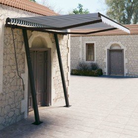 Toldo automático retráctil con postes azul y blanco 3x2,5 m Toldo automático retráctil con postes azul y blanco 3x2,5 m