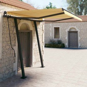 Toldo automático retráctil con postes amarillo blanco 3,5x2,5 m Toldo automático retráctil con postes amarillo blanco 3,5x2,5 m