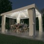 Cenador con cortina y tira de luces LED aluminio crema 4x3 m