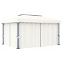 Cenador con cortina y tira de luces LED aluminio crema 4x3 m