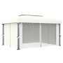 Cenador con cortina y tira de luces LED aluminio crema 4x3 m