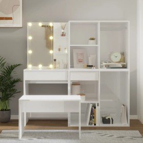 Juego de tocador con LED madera contrachapada blanco brillante