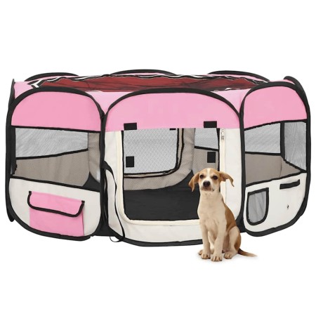 Parque de perros plegable y bolsa transporte rosa 145x145x61cm
