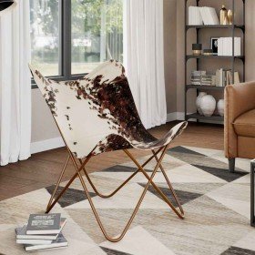 Silla mariposa de cuero auténtico marrón y blanco en Sillones | Comprar online en Foro24