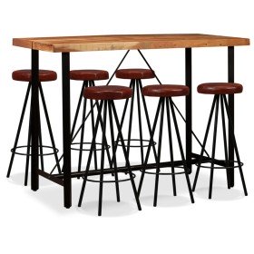 Set muebles de bar 7 pzas madera maciza acacia y cuero genuino en Conjuntos de muebles para cocinas y comedores | Comprar online