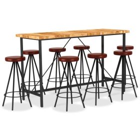 Set muebles de bar 9 pzas madera maciza acacia cuero auténtico
