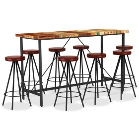 Set muebles de bar 9 piezas madera reciclada y cuero auténtico