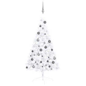Medio árbol de Navidad con luces y bolas blanco 120 cm