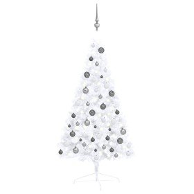 Medio árbol de Navidad con luces y bolas blanco 120 cm