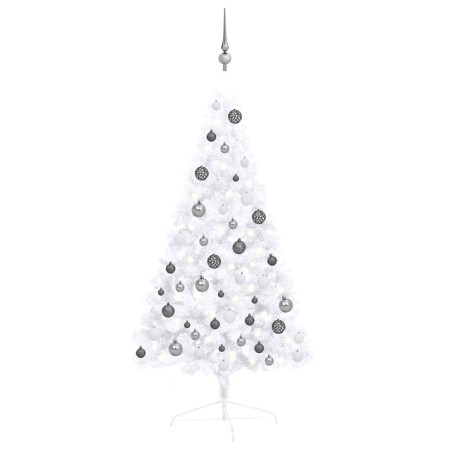 Medio árbol de Navidad con luces y bolas blanco 120 cm