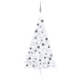 Medio árbol de Navidad con luces y bolas blanco 150 cm