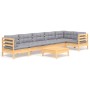 Juego de muebles de jardín 7 pzas y cojines madera pino gris
