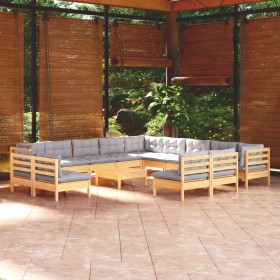 Muebles de jardín 14 pzas y cojines madera maciza de pino gris
