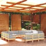 Muebles de jardín 13 pzas y cojines madera maciza de pino gris