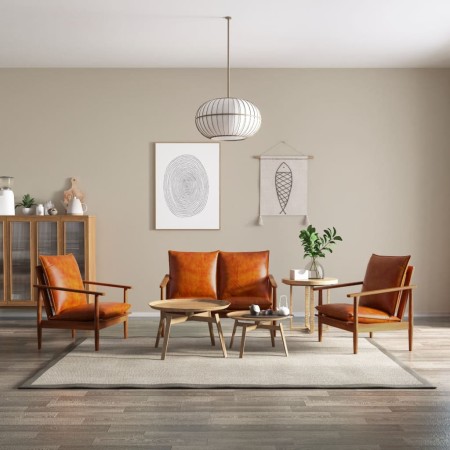 Set de sofás 3 pzas cuero auténtico madera maciza acacia marrón