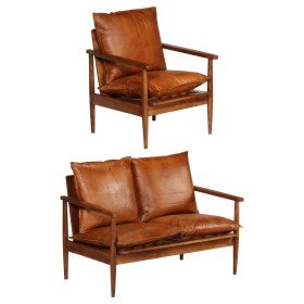 Set sofás 2 pzas marrón cuero auténtico y madera de acacia en Sofás | Comprar online en Foro24