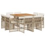 Set comedor de jardín 9 pzas con cojines ratán sintético beige