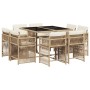 Set comedor de jardín 9 pzas con cojines ratán sintético beige