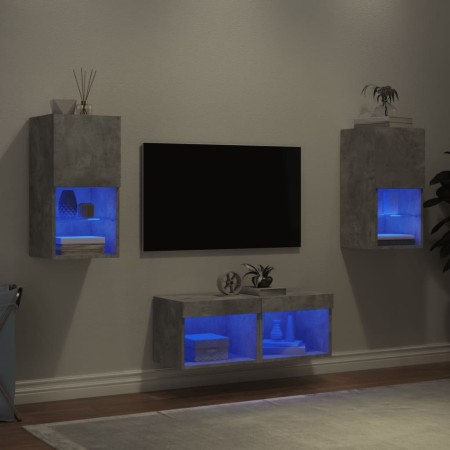 Muebles de TV de pared con luces LED 4 piezas gris hormigón