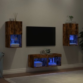 Muebles de TV de pared con luces LED 4 piezas roble ahumado