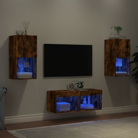 Muebles de TV de pared con luces LED 4 piezas roble ahumado