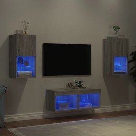 Muebles de TV de pared con luces LED 4 piezas gris Sonoma