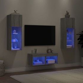 Muebles de TV de pared con luces LED 4 piezas gris Sonoma