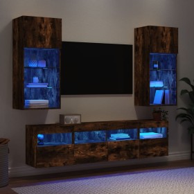 Muebles TV pared con LED 5 pzas madera ingeniería roble ahumado
