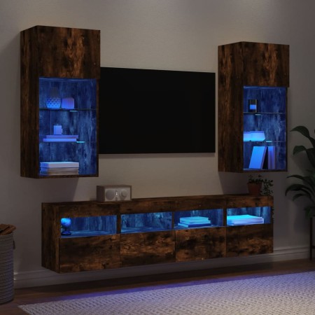 Muebles TV pared con LED 5 pzas madera ingeniería roble ahumado